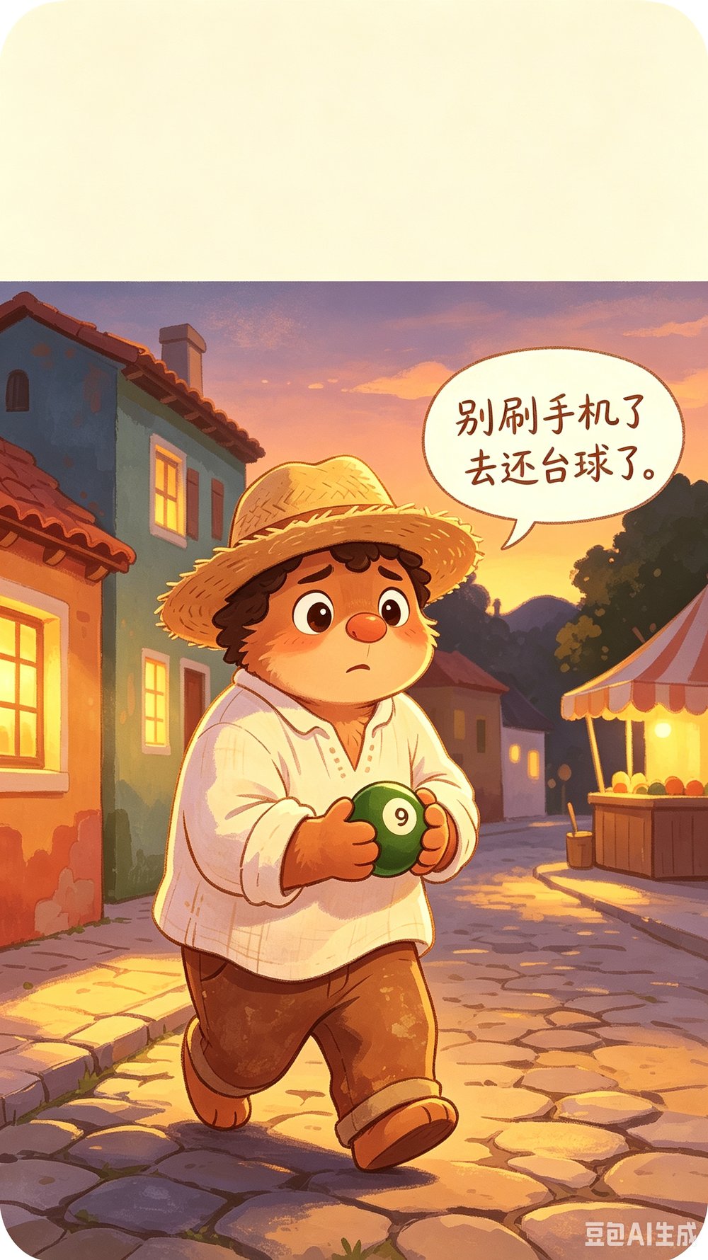 达马索捧着台球，黄昏小镇街道旁暖黄灯光