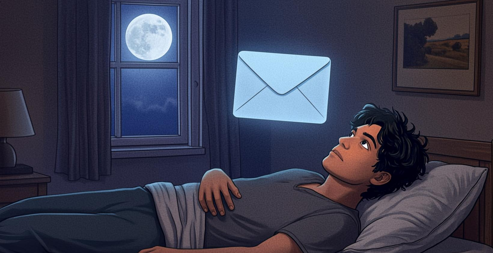 中年男人深夜失眠，上方漂浮着发光的未拆开的信