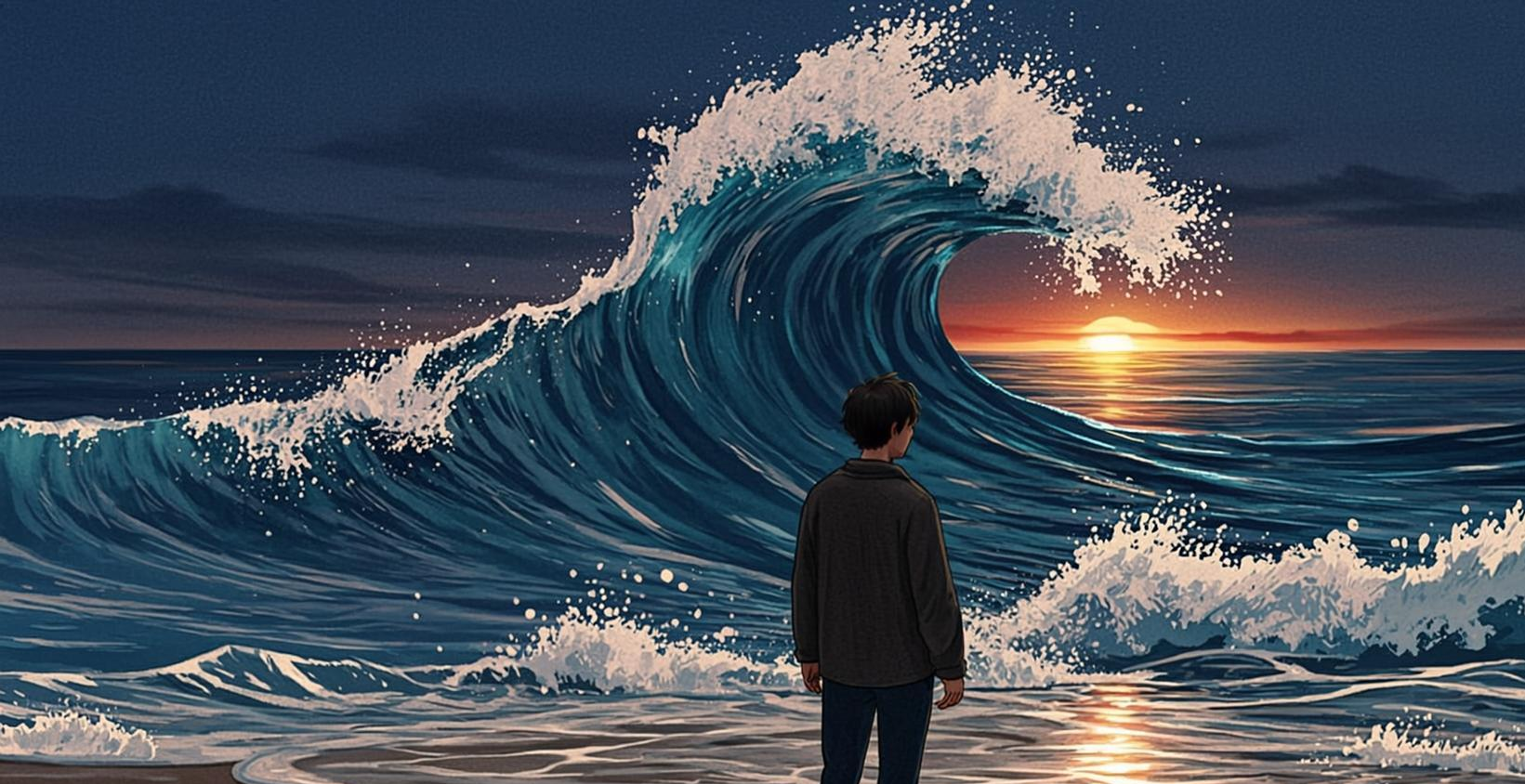 中年男人独自站在深夜海滩面对汹涌海浪，曙光正在破晓