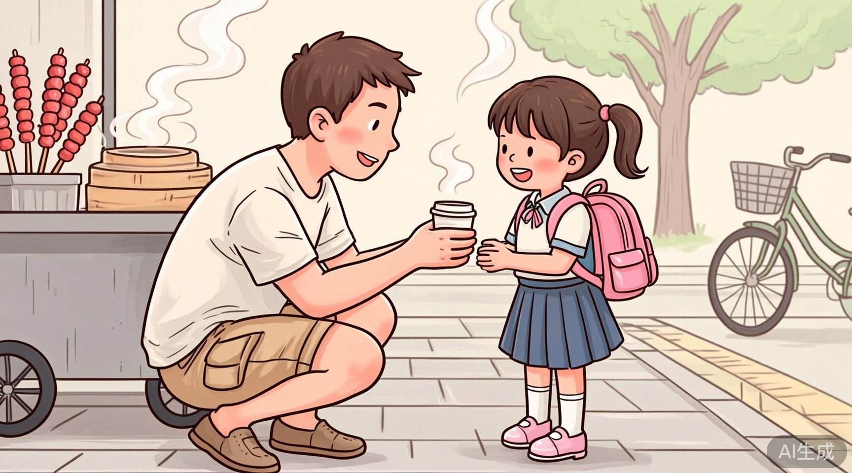校门口对面的早晨,爸爸蹲下递饮料给穿校服的女儿,旁边小推车挂着糖葫芦