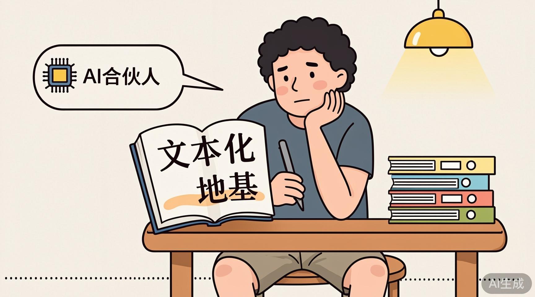 卷发大叔在书桌前写文本化